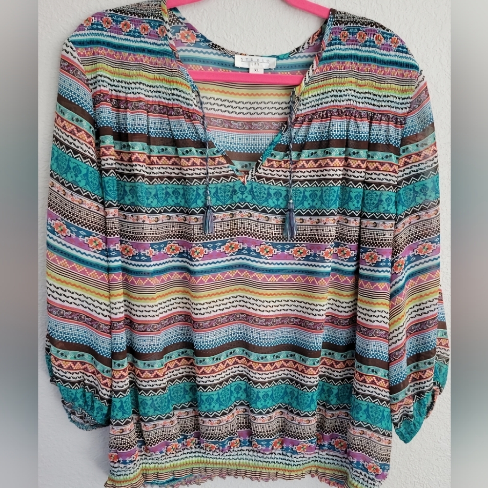Studio JPR Western Sheer Top XL  Green, orange, brown, white, purple, blue...